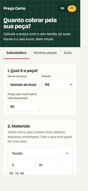Tela do app onde você coloca nome da peça, moeda, preço que cobra hoje e materiais