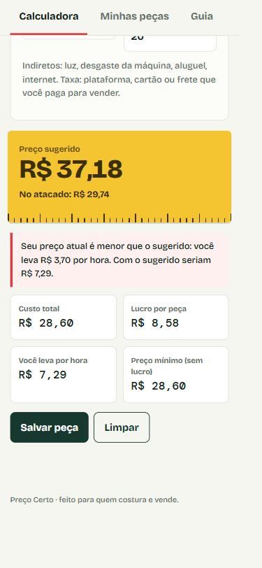 App Preço Certo mostrando o preço sugerido R$ 37,18 em uma fita métrica amarela