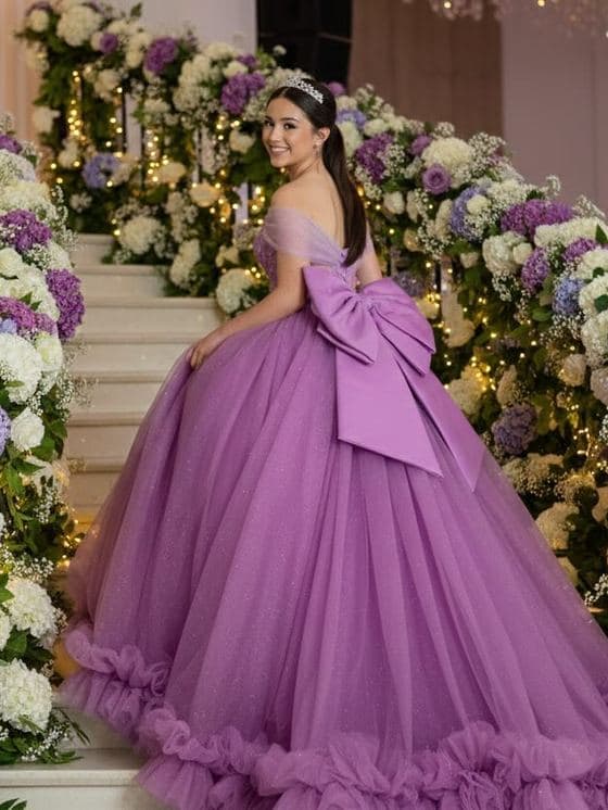 Vestido lilás com laço grande